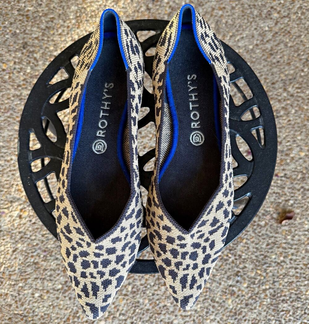 Rothy’s Women’s Pointed Toe Animal Print Knit Slip-On Flats Beige/Black 9.5